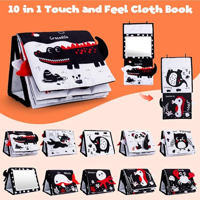 Black and White Baby Books for Newborn, Tummy Time Mirror, Baby Mirror Infant Toys with Soft Cloth Book, High Contrast Baby Toys, 3D Activity Crinkle Pages Sensory Tummy Time Toys for Babies