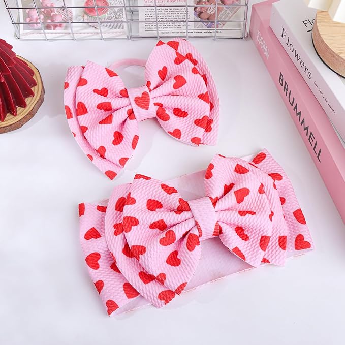 YanJie HAIRBAND 2 Pack - Valentines Design, Red Heart Handmade Headbands for Girls Infants Toddlers, Soft Comfortable Nylon Hairbands Accessories, Cute Baby Dress Up Gift