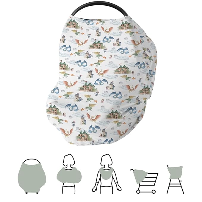 Fairytale Dragon and Knights Car Seat Cover for Babies Fantasy Dragons Princess Castle Stretchy 5-in-1 Cover Adjustable Infant Carseat Cover Canopy Moon Clouds Breathable Nursing Cover-Up