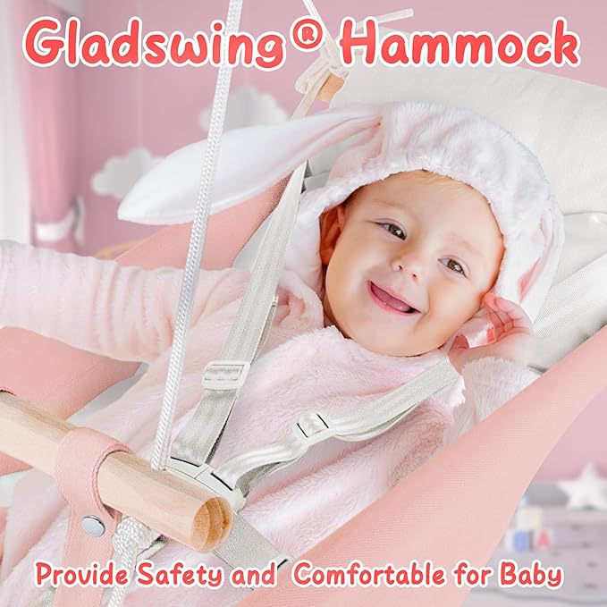 Canvas Baby Swing for Infants to Toddlers,Indoor Outdoor Wooden Hanging Swing Seat with Safety Belt and Mounting Hardware, Suitable for Ages Up to 3,Pink