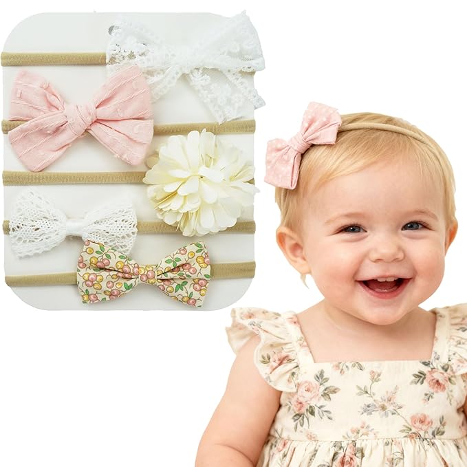 5 Packs Floral Baby Bow Headband Nylon Hairbands Stretchy Baby Hairbands Hair Accessories for Newborn Infant Toddlers Kids