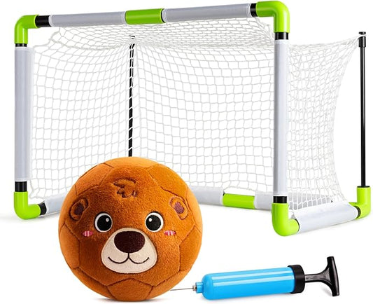 VangeBow Toddler Toy Soccer Goals for Backyard Indoor with Soft Plush Bear Ball, Mini Soccer Nets and Ball Set for Kids(Pump Include)