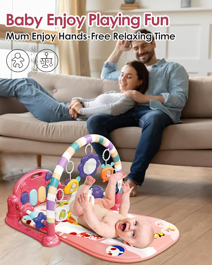 dearlomum Baby Play Mat Gym, Funny Play Piano Tummy Time Activity Mat with 5 Infant Sensory Toys, Music and Lights, Boy & Girl Gifts for Newborns 0 to 3 6 9 12 Months(Tiger Pink)