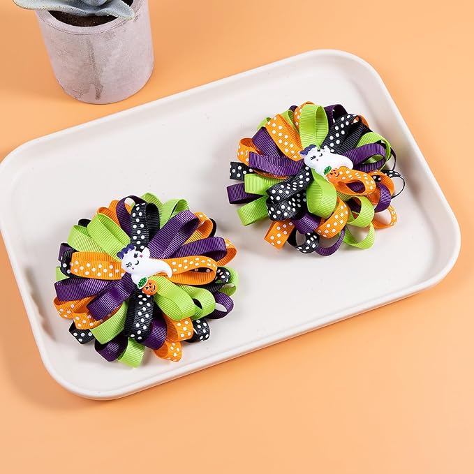Halloween Korker Hair Bow Clips for Girls Women Cute Spider Ghost Pumpkin Curly Corker Ribbon Cheer Bow Alligator Barrette Holiday Dress up outfit Decor Accessory Birthday Gift