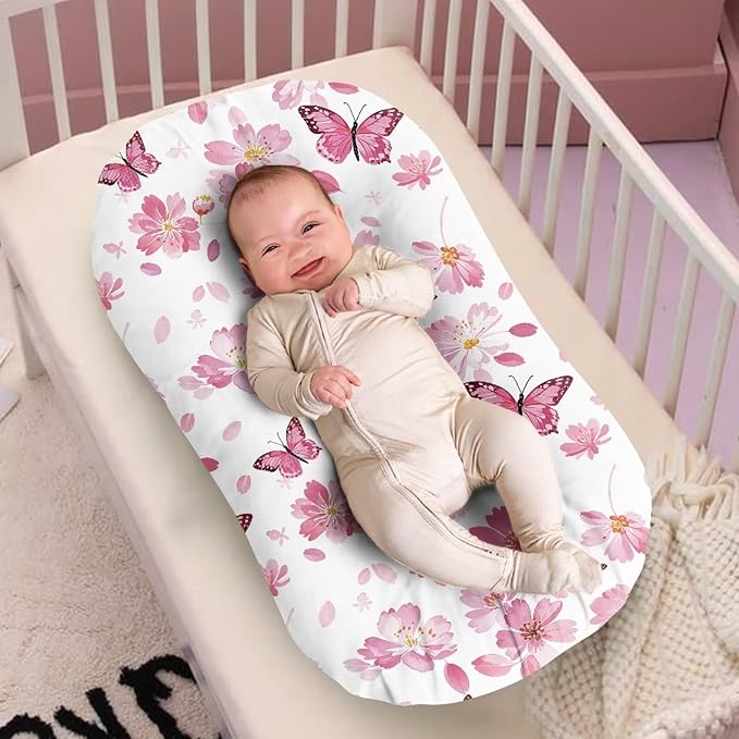 Cherry Blossom Butterfly Newborn Lounger Cover for 0-12 Months Girls Breathable & Portable Infant Lounger Case Universal Baby Lounger Replacement Cover