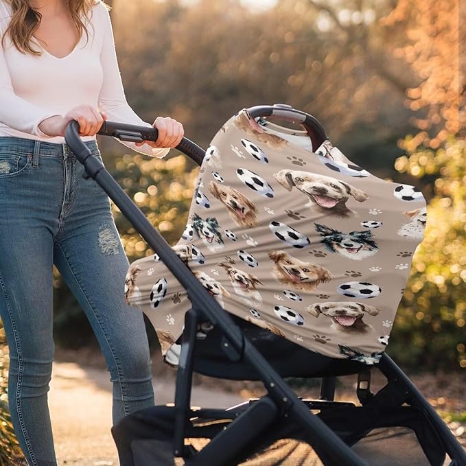 AFPANQZ Dogs Football Baby Car Seat Cover Stretchy for Baby Girls Nursing Breastfeeding Covers Shopping Cart High Chair Stroller Covers Infinity Scarf Sunshade Car Seat Canopies