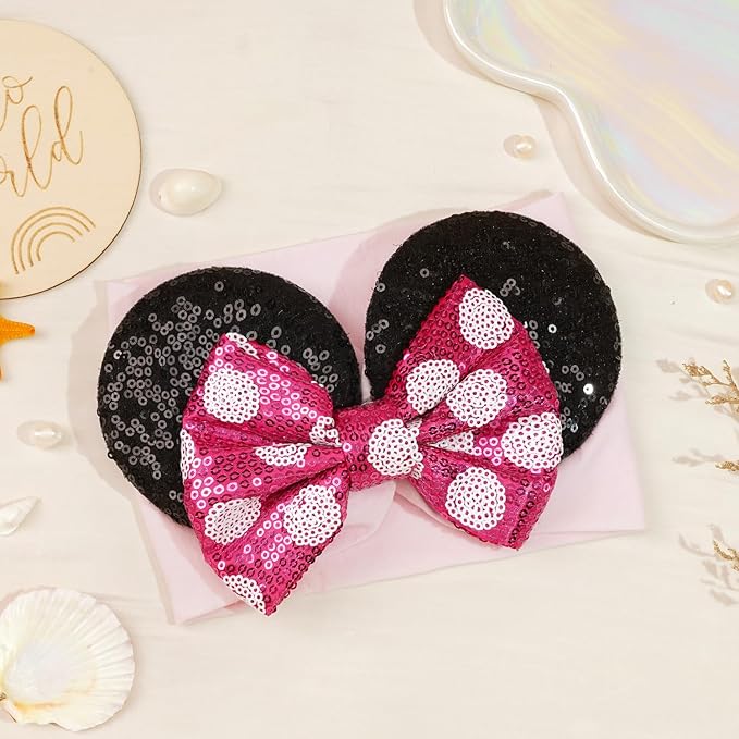 Baby Girl Mouse Ears Headbands with Sequin Bow, Wide Nylon Turban Hairband, Theme Park Headwear, Hair Bow Headband for Toddler, Kids, Party Supplies