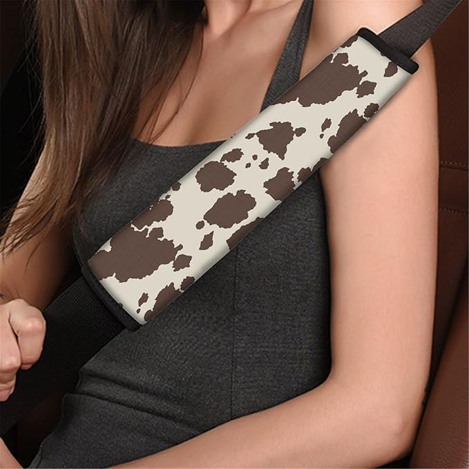 Biyejit Brown Cow Print Universal Car Seat Belt Pads Cover, Safety Seat Belt Comfortable Shoulder Pads for Adults and Children 2 Packs