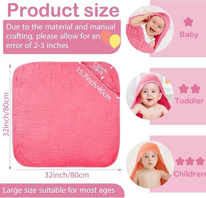 Peryiter 4 Pcs Muslin Hooded Baby Towels, 32"x 32" Cotton Newborn Bath Towel Muslin Infant Baby Blankets Absorbent Unisex Newborn Registry Gift Essentials for Girls Boys (Warm Colors)