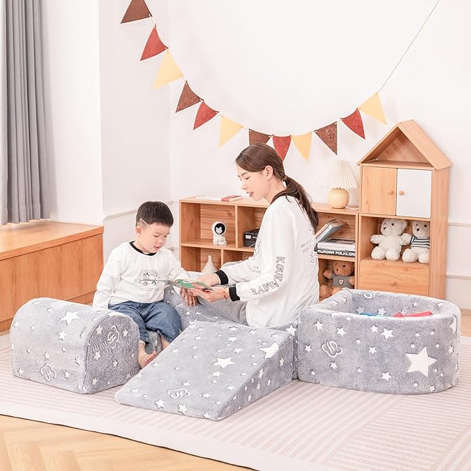 Tiita Baby Climb and Crawl Playset 5-Piece, Kids Foam Climbing Block with Small Ball Pit - Indoor Soft Play Climber for Playtime Fun, Grey Star
