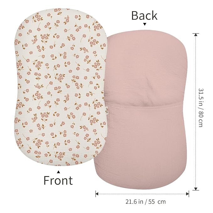 Muslin Baby Lounger Cover 2 Pack, Soft Breathable Newborn Lounger Pillow Cover for Boys Girls Infant (Flower E & Pink)