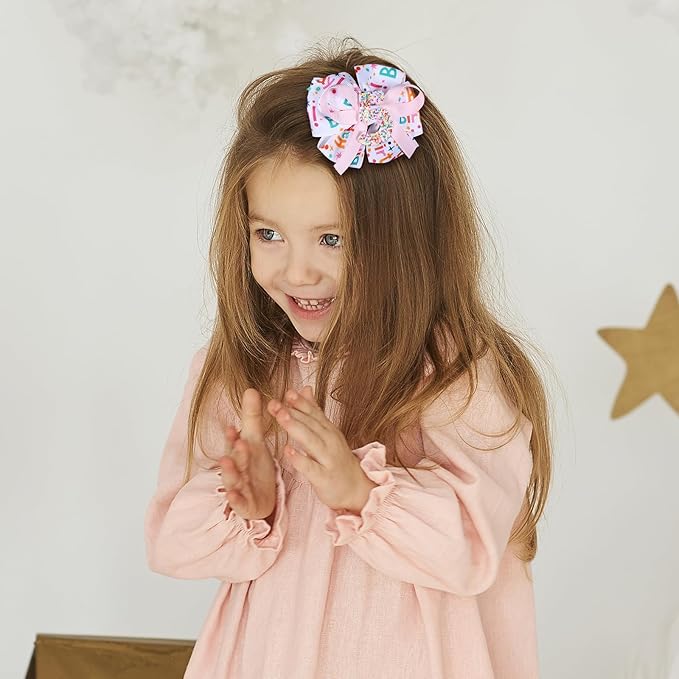 3.5in Glittery Happy Birthday Ribbon Hair Bow Clips for Teens Toddler Girls Pink Sprinkle Confetti Ice Cream Party Dress Pigtail Decoration Accessories for Kids 5th Birthday