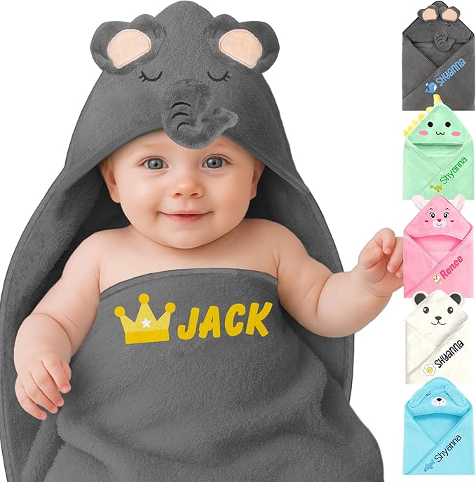 Personalized Baby Towels Hooded with Name, Custom Toddler Coral Velvet Fleece Bath Towel with Hood for Girl Boy, Customized Newborn Gifts - Printed (Grey Elephant)