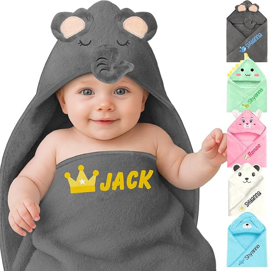 Personalized Baby Towels Hooded with Name, Custom Toddler Coral Velvet Fleece Bath Towel with Hood for Girl Boy, Customized Newborn Gifts - Printed (Grey Elephant)