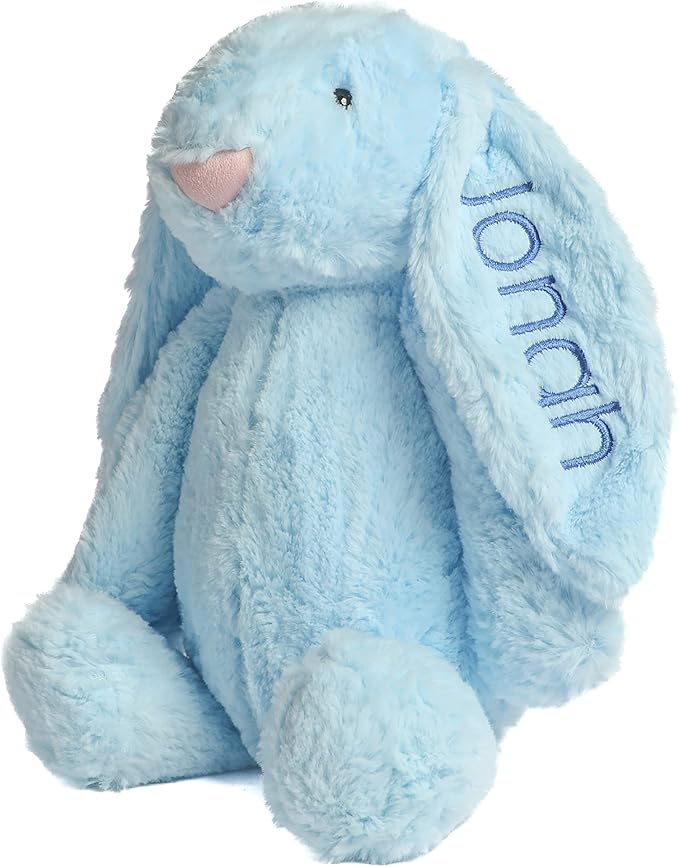 Personalized Super Soft Plush Bunny - Stuffed Animal Toy for Kids - Custom Gift with Embroidered Name on Ear for Easter, (Blue, Medium)