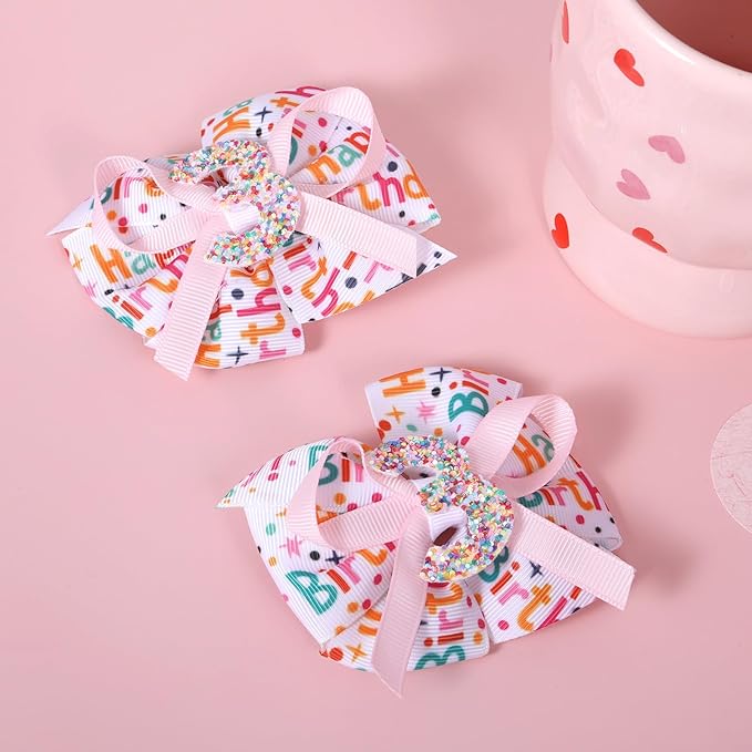 3.5" Glitter Happy Birthday Hair Bow Clips for Baby Girls 1-6 Ages Cute Pink Sprinkle Confetti Ice Cream Party Dress Pigtail Decoration Accessories Gift for Her 3rd Birthday