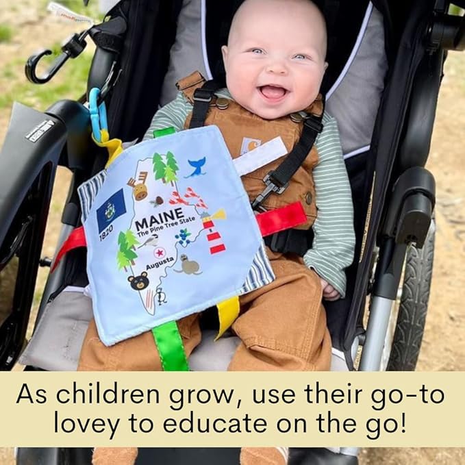Baby Jack & Co 8x8” Learning Massachusetts State Tag Stroller Toy for Babies - Crinkle Toys for Developing Five Senses - Learn About Capitals - Travel with Baby Jack - BPA Free Clip