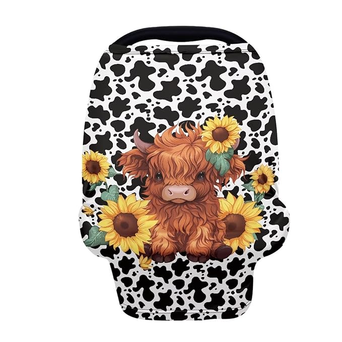 Wanyint Highland Cow Sunflower Cow Print Car Seat Covers for Boys Girls, Nursing Cover Carseat Canopy Baby Breastfeeding Cover Multi-use Nursing Scarf Infant Stroller Cover