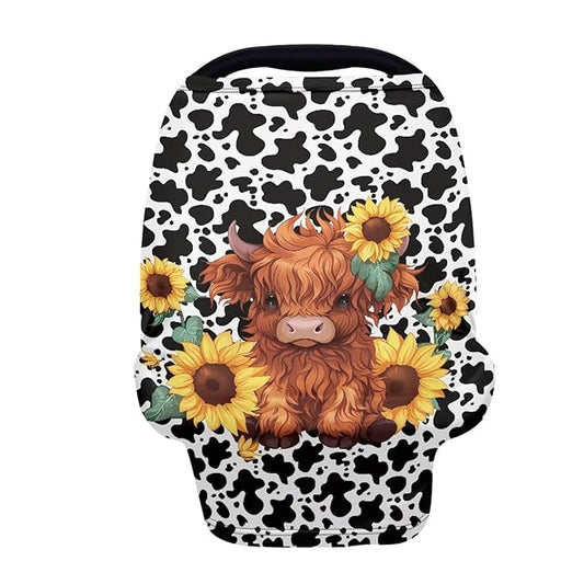 Wanyint Highland Cow Sunflower Cow Print Car Seat Covers for Boys Girls, Nursing Cover Carseat Canopy Baby Breastfeeding Cover Multi-use Nursing Scarf Infant Stroller Cover