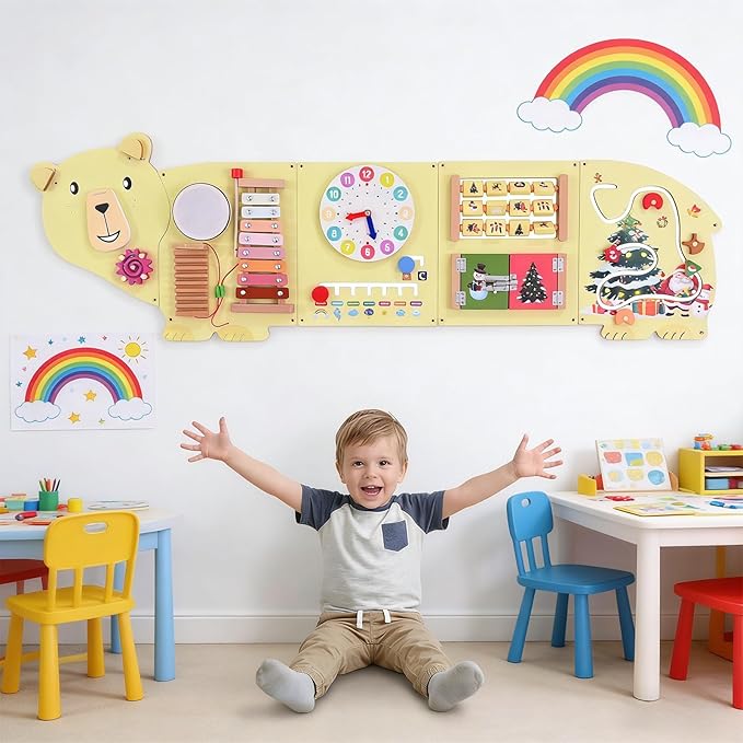 Activity Wall Busy Board Panels, Bear Wooden Montessori Sensory Toys, Toddler Learning Activity Center, Sensory Wall Panel Ideal Educational Gift for Boys and Girls