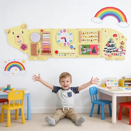 Activity Wall Busy Board Panels, Bear Wooden Montessori Sensory Toys, Toddler Learning Activity Center, Sensory Wall Panel Ideal Educational Gift for Boys and Girls