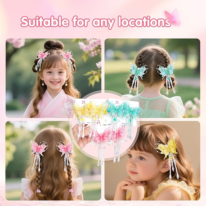 6-piece set of pearl bow tassel hair clips. Highlight the girl's gentle and sweet style. Suitable for girls and children. 3color combinations for butterflies: yellow, green, and pink