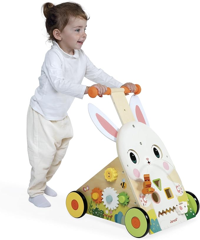 Janod - Farm Multi-Activity Trolley - Wooden Push Cart - 9 Activities - Patented Brake System and Silent Wheels - Developmental Toy for Children - From 12 Months - J03326