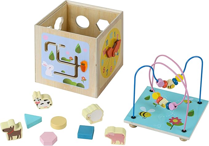 Teamson Kids Preschool Play Lab 4-in-1 Large Wooden Activity Cube Bead Maze Animal Sorter for Kids Baby Toys, Natural