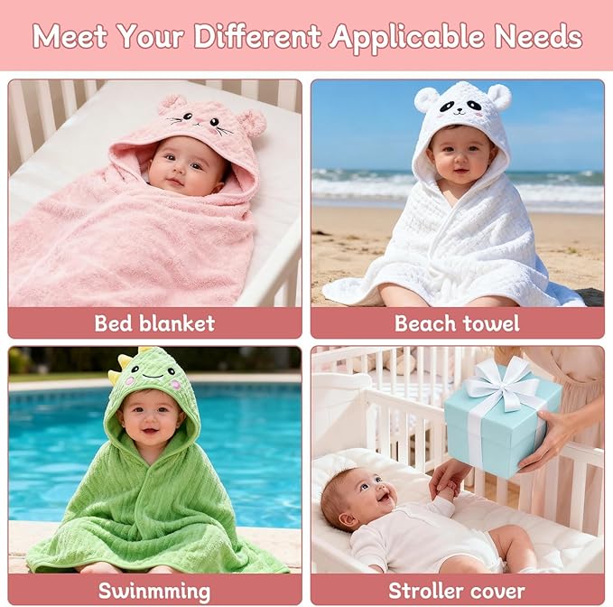 14 PCS Thicken Baby Towels Set, 3 PCS Soft Hooded Baby Towels & 11 PCS Washcloths, Baby Bath Towels for Newborns, Infants & Toddlers, Ultra Absorbent, Cute Baby Towel Gift for Girls