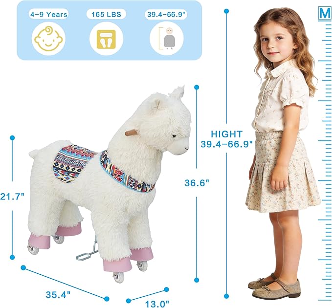 Ride on Alpaca Toys for Kids, Ride on Toy for 4 to 9 Years Old, 36.6'' Height Riding Horse Rider Mechanical Walking Action Plush Animal, No Battery or Electricity, Max Load 165LBS - White