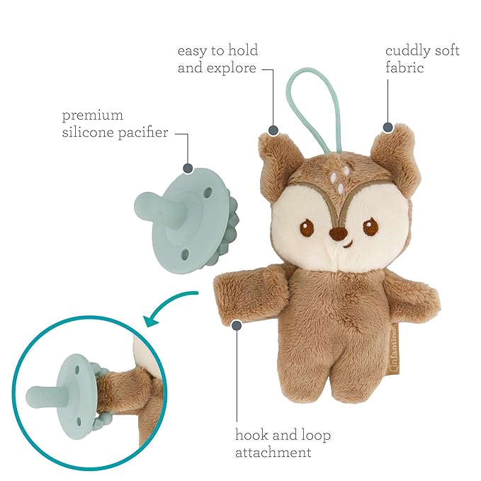 Infantino Snuggle & Soothe PaciPal - Soft Fabric Pacifier Pal with Premium Silicone Pacifier for Baby's Comfort and Self-Soothe, Deer