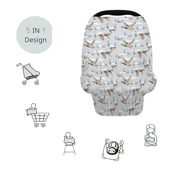 HawSkgFub Mallard Duck Hunting 5-in-1 Car Seat Cover for Baby Boy Girl Gift, Blue Wild Animal Hunter Reed Privacy Breastfeeding Nursing Cover, Newborn Infant Multi-use Carseat Canopy Carrier
