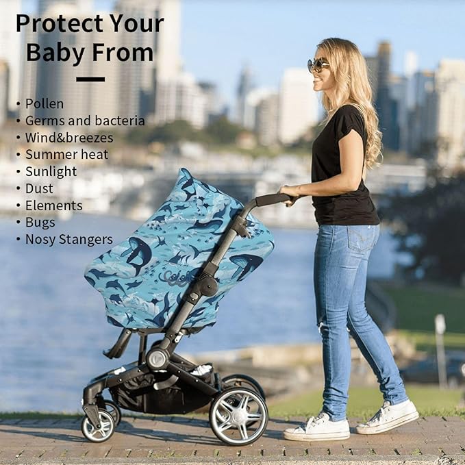 Sea Waves Dolphins Sharks Whale Octopus Baby Stuff Car Seat Cover for Baby Carseat Covers for Girl Boy Stretchy Soft Breathable Breastfeeding Infant Car Seat Canopy Carrier Cover
