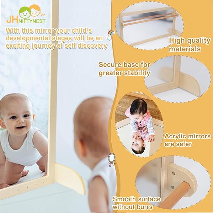 Infant Coordination Mirror Montessori Safety Pull up Bar Baby Mirror Acrylic Non-Glass Early Learning to Walk Mirror Upgrade Dual-Use with Base 47.24”