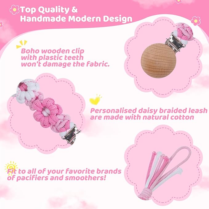 Pacifier Clip for Boys Girls Floral Daisy Macrame Baby Paci Clip Pacifier Holder Leash Boho Wooden Clips Handmade Braided Cotton Binky Clips (2pack:Pink Daisy × 2)