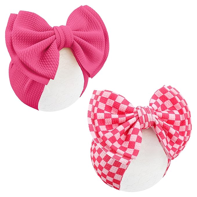 YanJie 2PCS 7’’ Hot Pink Bows for Baby Girls Checkered Headband Double Layered Bow Infants Toddler Hair Accessories Newborn Headbands Baby Clothes