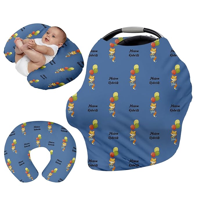 Personalised Car Seat Cover for Babies - Multi-use Carseat Canopy Cover with Name, Dark Blue Fox Print Car Seat Covers, Christmas Birthday Gifts for Infant Boys and Girls(27"x29")