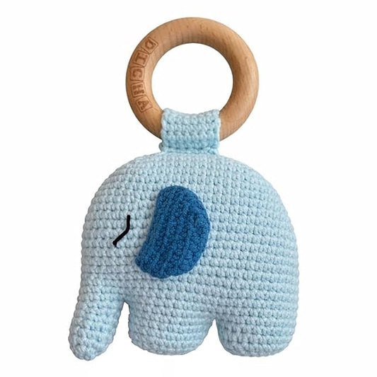 DICHA Handmade Crochet Wooden Baby Rattle - Birthday & Baby Shower Sensory Toy for Newborn Boy/Girl - Includes Wood Beech Teething Ring Elephant