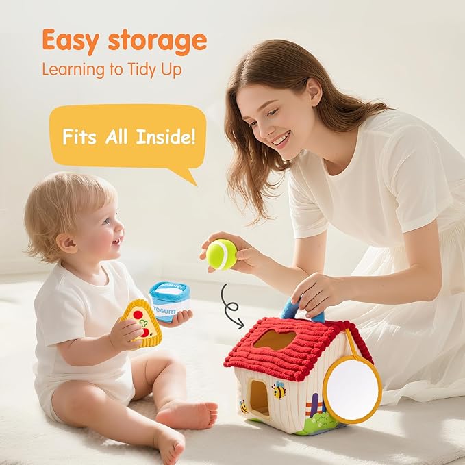 hahaland Montessori Toys for 1 Year Old – Plush Puppy Sensory Toy Set with Dog House, Rattle, Crinkle, Mirror & Shape Sorter, Pretend Play Learning Toy for Toddlers 1-3, Baby Easter Basket Stuffers