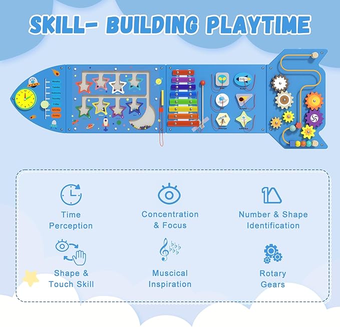 Spacocld Montessori Busy Board - Blue Rocket Activity Wall Panels, Wall Toys for Toddlers 3+, Sensory Panels for Kids, Wooden Activity Cubes, Playroom Daycare Toys, Toddler Sensory Board (4PCS)