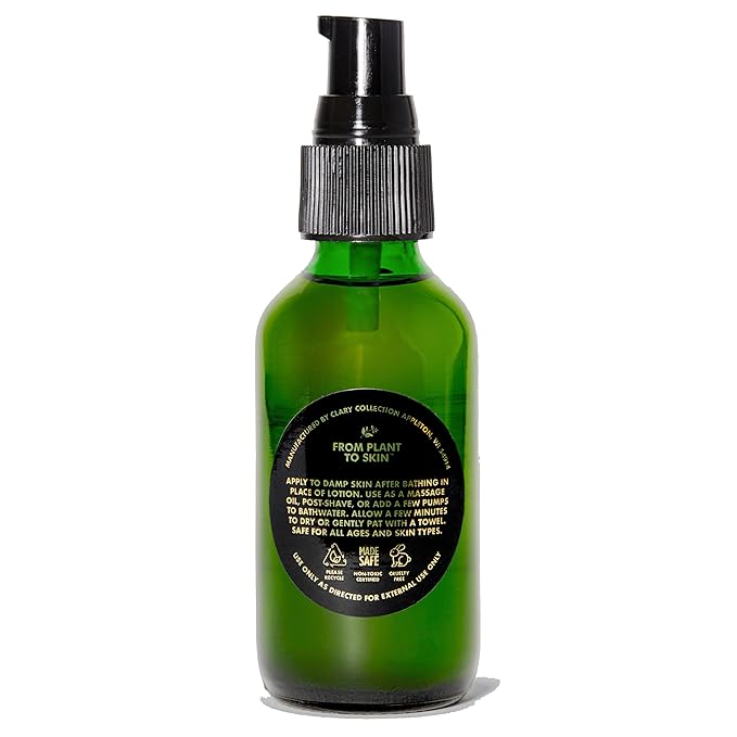 CLARY COLLECTION Body Oil Light Olive Moisturizing Formula for Men, Women & Children, Certified Non-Toxic, Natural, Plant-Based Formula, All Ages & Skin Types - 2 Fl Oz