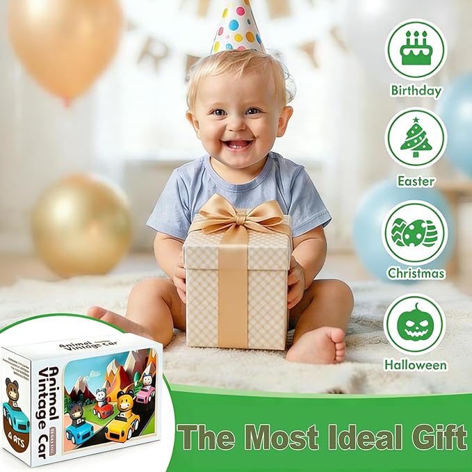 Press to Go Car Toy for 1-3 Year Old Toddler,Animal Push Cars Friction Powered,No Batteries Required, BPA-Free,Easy Clean,Indoor Outdoor Toy for 6-9-12-18 Month,Birthday Gift for 1-2 Boy Girl