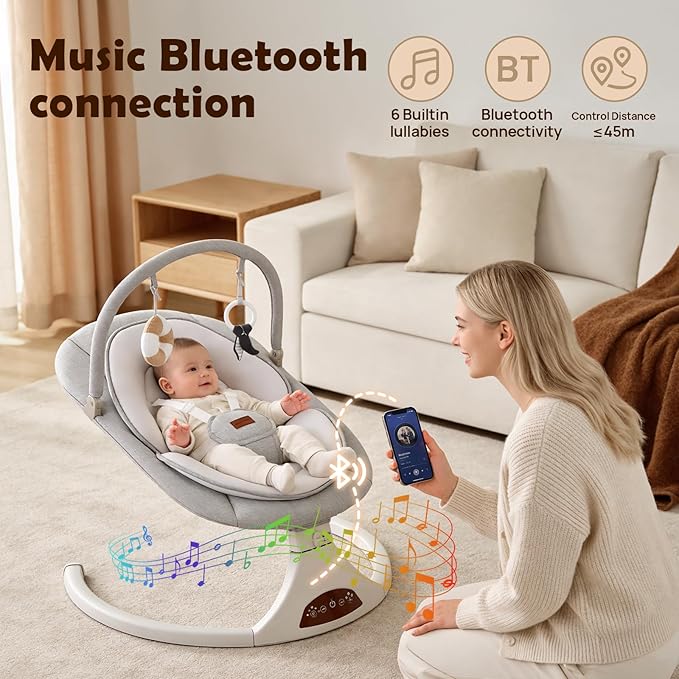 Baby Swings for Infants to Toddler, Electric Baby Swing with Remote, 5 Speeds, Bluetooth & Safety Lock for Newborns up to 20 lbs (Gray)