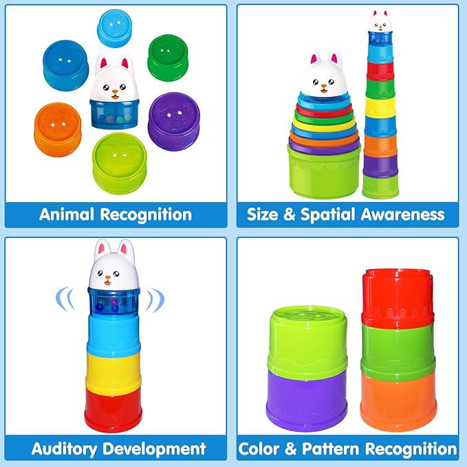 WEEJOYGAM Baby Stacking Cups, Nesting Stacking Toys for Toddlers 1-3 Montessori Toys for 1 Year Old Girl Boy Easter Basket Stuffers Birthday Gift 0-6 6-12 Month Cause and Effect Color Stack Blocks Set