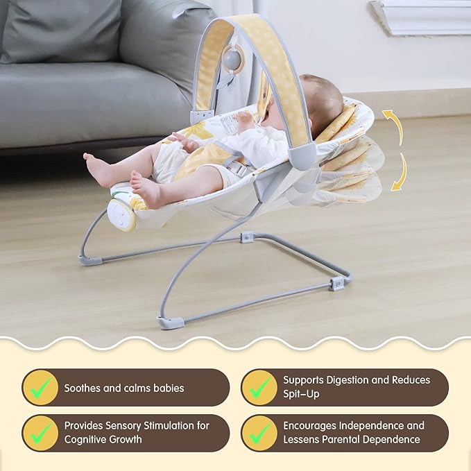 Portable Baby Bouncer Seat with 8 Melodies, 3 Vibration Levels & Adjustable Volume, Foldable Infant Bouncer Rocker with Safety Harness for Baby 0-6 Months, Indoor & Outdoor Use BR2405