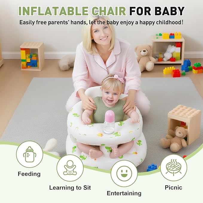 Inflatable Baby Seat for 3-36 Months Babies, Blow up Baby Chair with Built-in Air Pump, PVC Material, Full Enclosure Protection, Outdoor Travel Inflatable Chair for Infant, Green Dinosaur