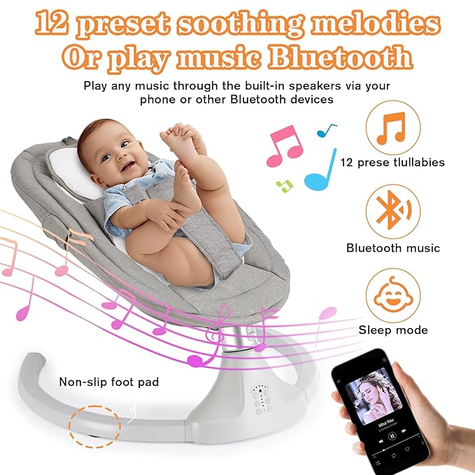Baby Swing for Newborns 0-6 Months, Electric Infant Swing with Bluetooth & Remote Control, 5-Speed Portable Rocker with 12 Soothing Lullabies, 3-Point Widened Harness, ASTM Certified