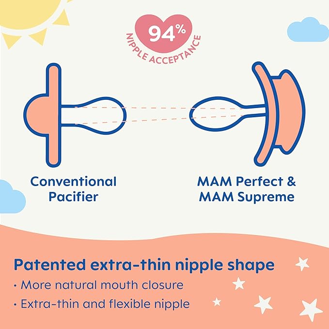 MAM Supreme Baby Pacifier, Newborns 16+ Months, Developed with Orthodontists, Extra Air Flow for Sensitive Skin, Glows in The Dark, BPA-Free Silicone, Sterilizer Case, Pack of 2, Made in Europe
