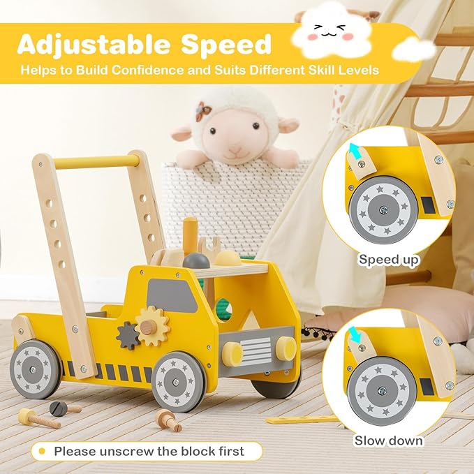 HONEY JOY Baby Push Walker, Adjustable Speed Baby Walker, Wooden Toy Tool Bench & Car Walker w/Shape Sorter, Develop Motor Skills & Creativity, Push Toys for Babies Learning to Walk, Gift, Yellow
