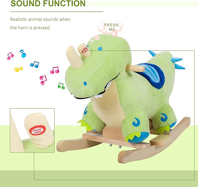 Qaba Kids Plush Ride-On Rocking Horse Toy Dinosaur Ride on Rocker Green with Realistic Sounds